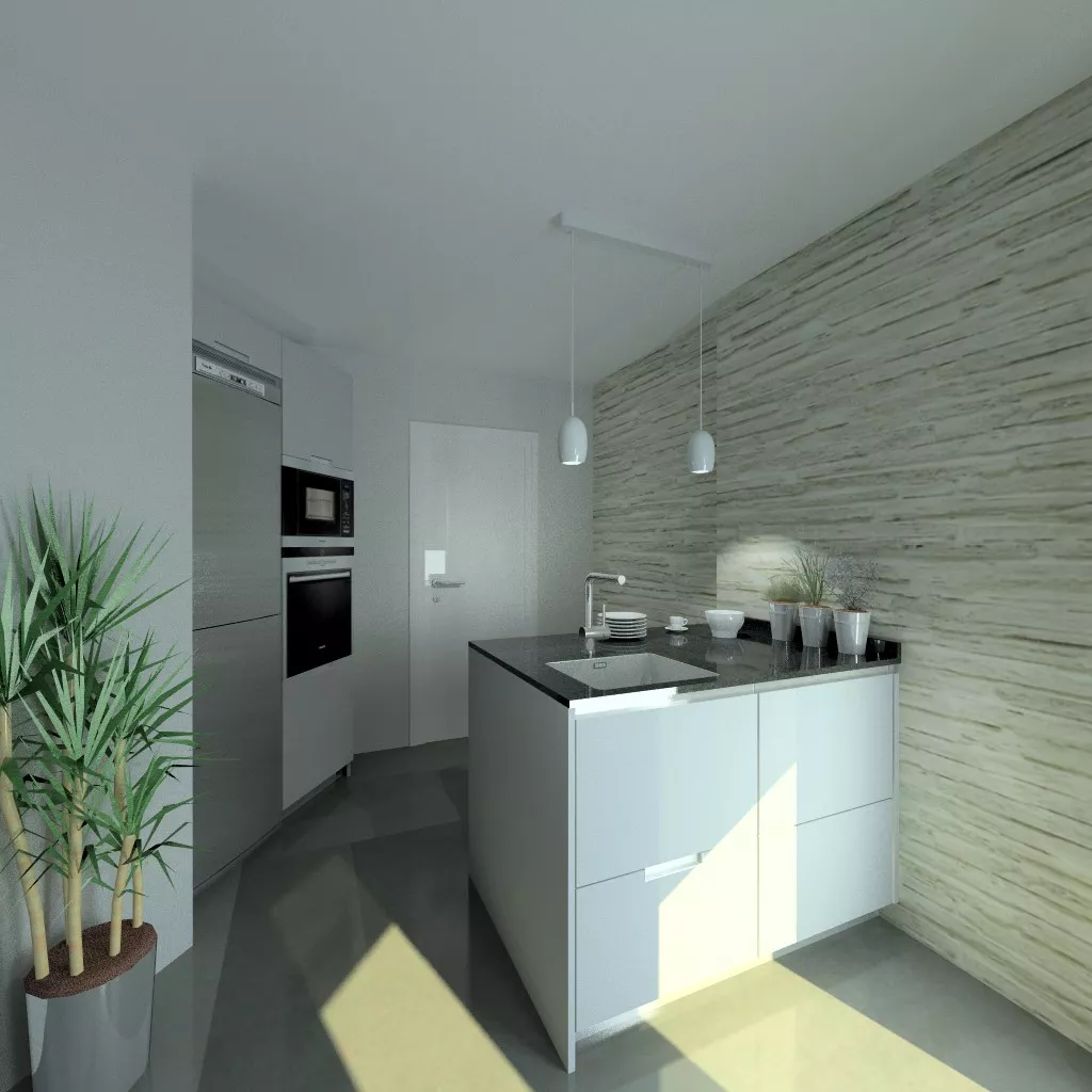 Aravaca | Cocinas Santos | Modelo Minos Line Gris Piedra | Encimera Granito Negro