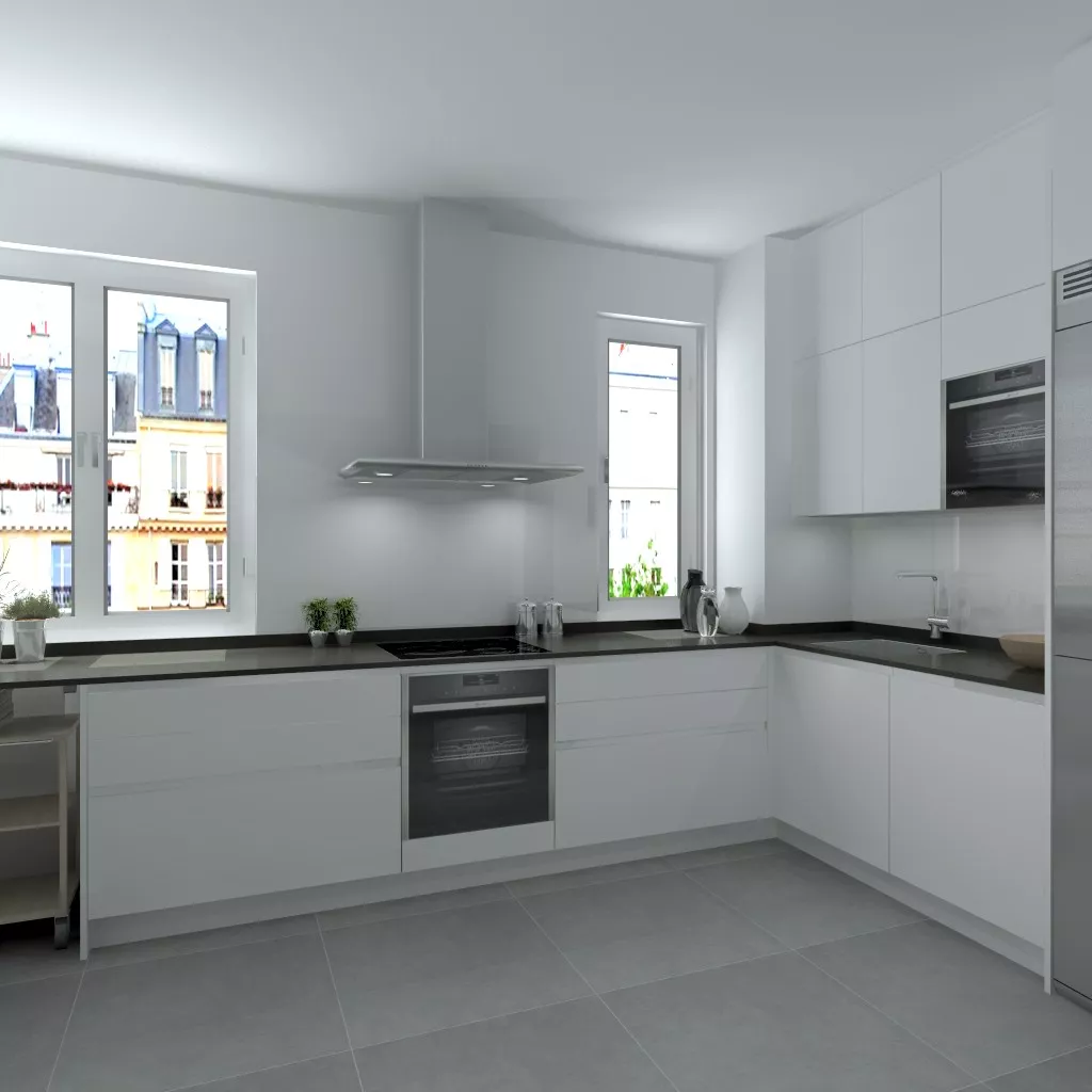 Madrid | Cocina Santos | Modelo Line L Laminado Seda Mate | Encimera Granito Sahara Night Pulido