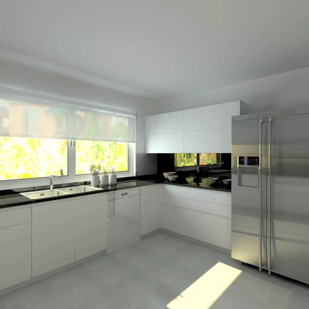 Aravaca | Cocina Santos | Modelo Line Laminado Seda Blanco | Encimera Granito Negro