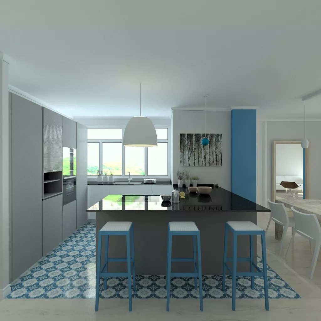 Aravaca | Cocina Santos | Modelo Line E 13 Blanco Sapporo Y Gris Vision | Encimera Granito Sahara Nights