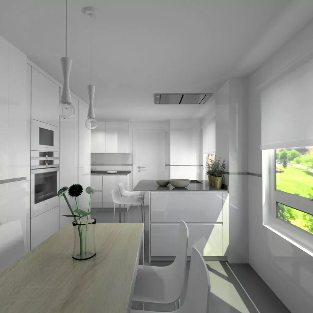 Cocina Santos Aravaca | Modelo Line E13 Estratificado Brillo Blanco Ártico | Encimera Silestone Cemento SPA