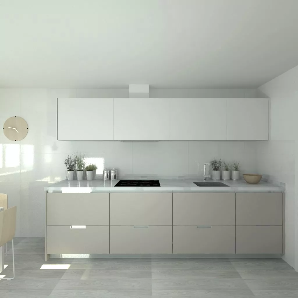 Cocina Santos | Modelo Minos Line-L Laminado Color Gris Arena y Gris C en Bajos y Muebles Altos Modelo Line-L Color Blanco Perla | Encimera Neolith Color Estatuario