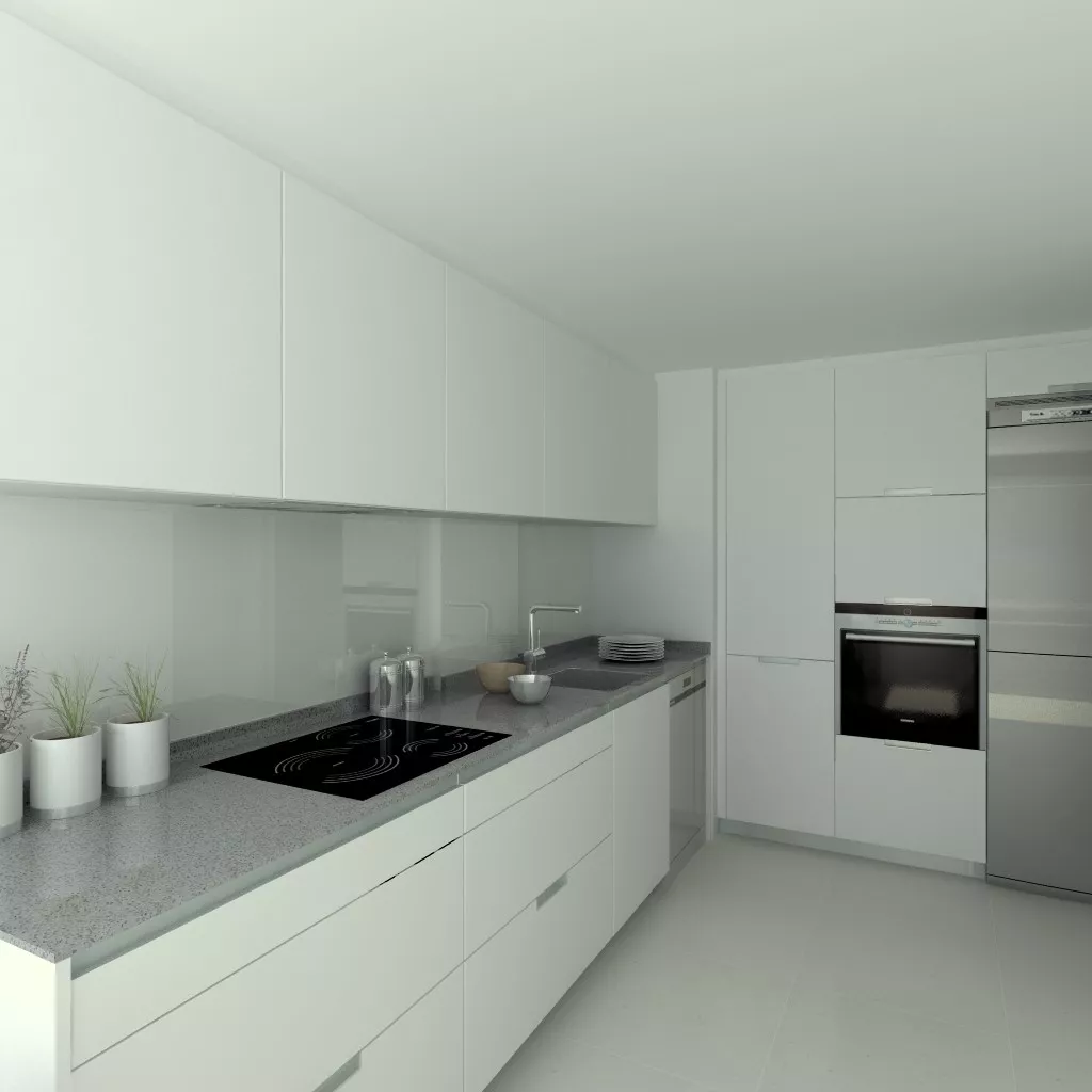 Aravaca | Cocina Santos | Modelo Minos Estratificado Blanco Perla | Encimera Compac Gris Plomo