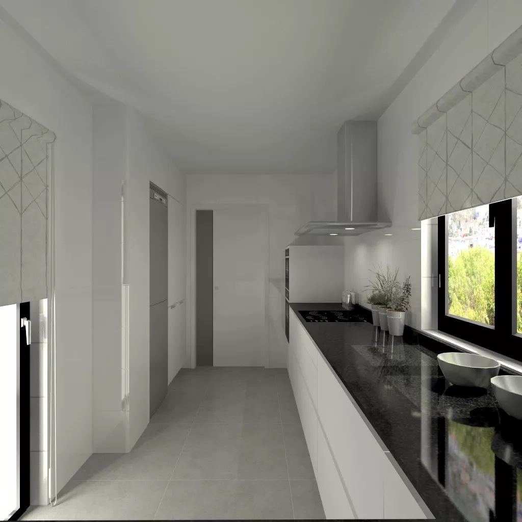 Aravaca | Cocina Santos | Modelo Line L Blanco Seda | Encimera Granito Negro