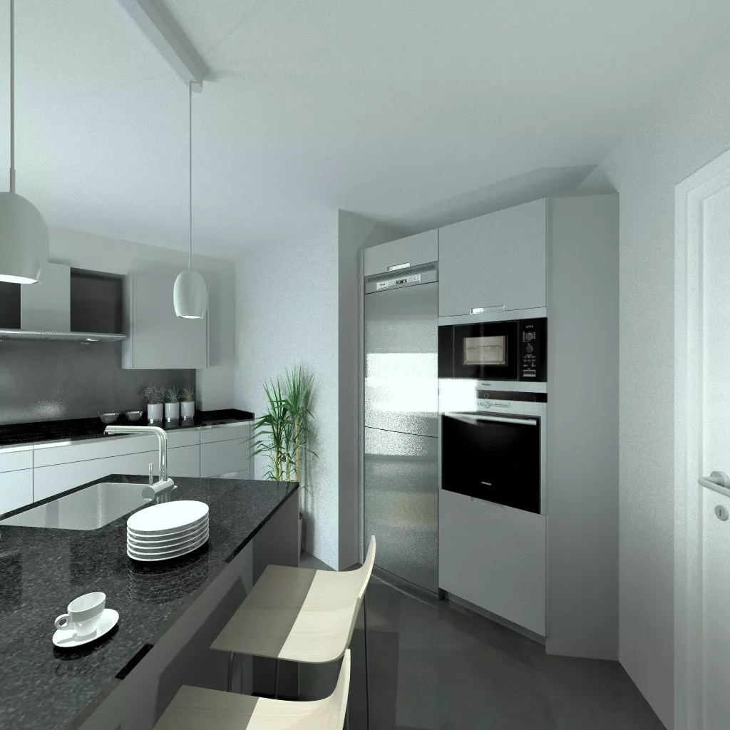 Aravaca | Cocinas Santos | Modelo Minos Line Gris Piedra | Encimera Granito Negro