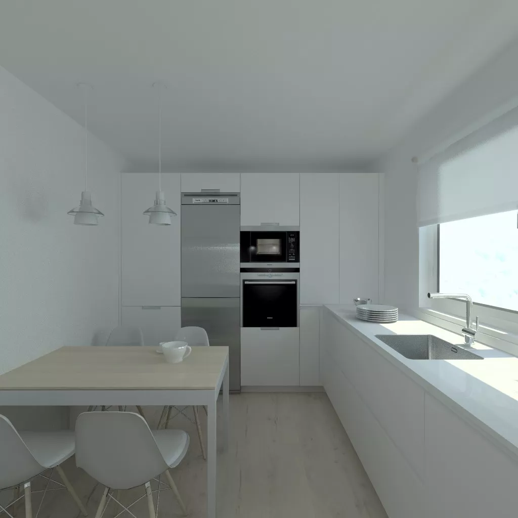 Cocina en laminado seda blanco modelo Santos Line con encimera blanca Silestone