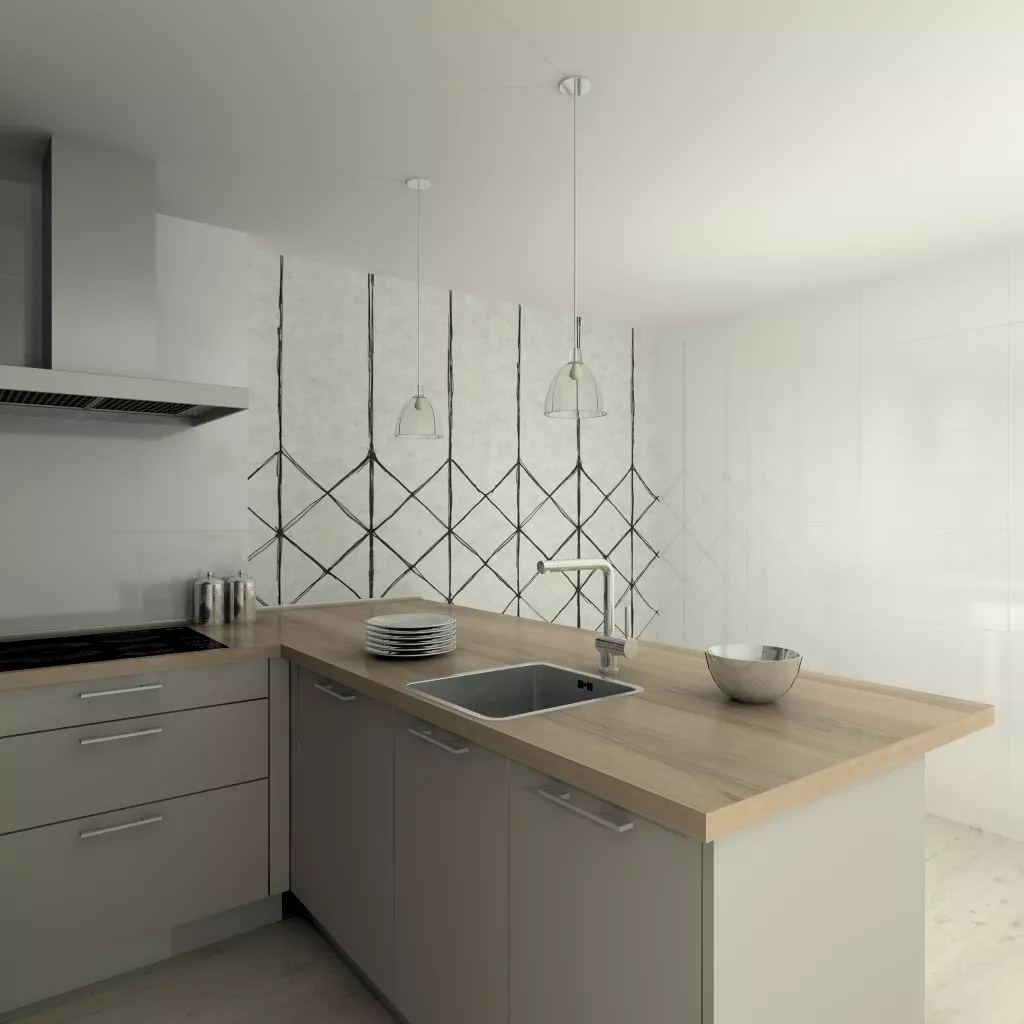 Madrid | Cocina Santos | Modelo Ariane Gris Arena | Encimera Laminada Olmo Claro