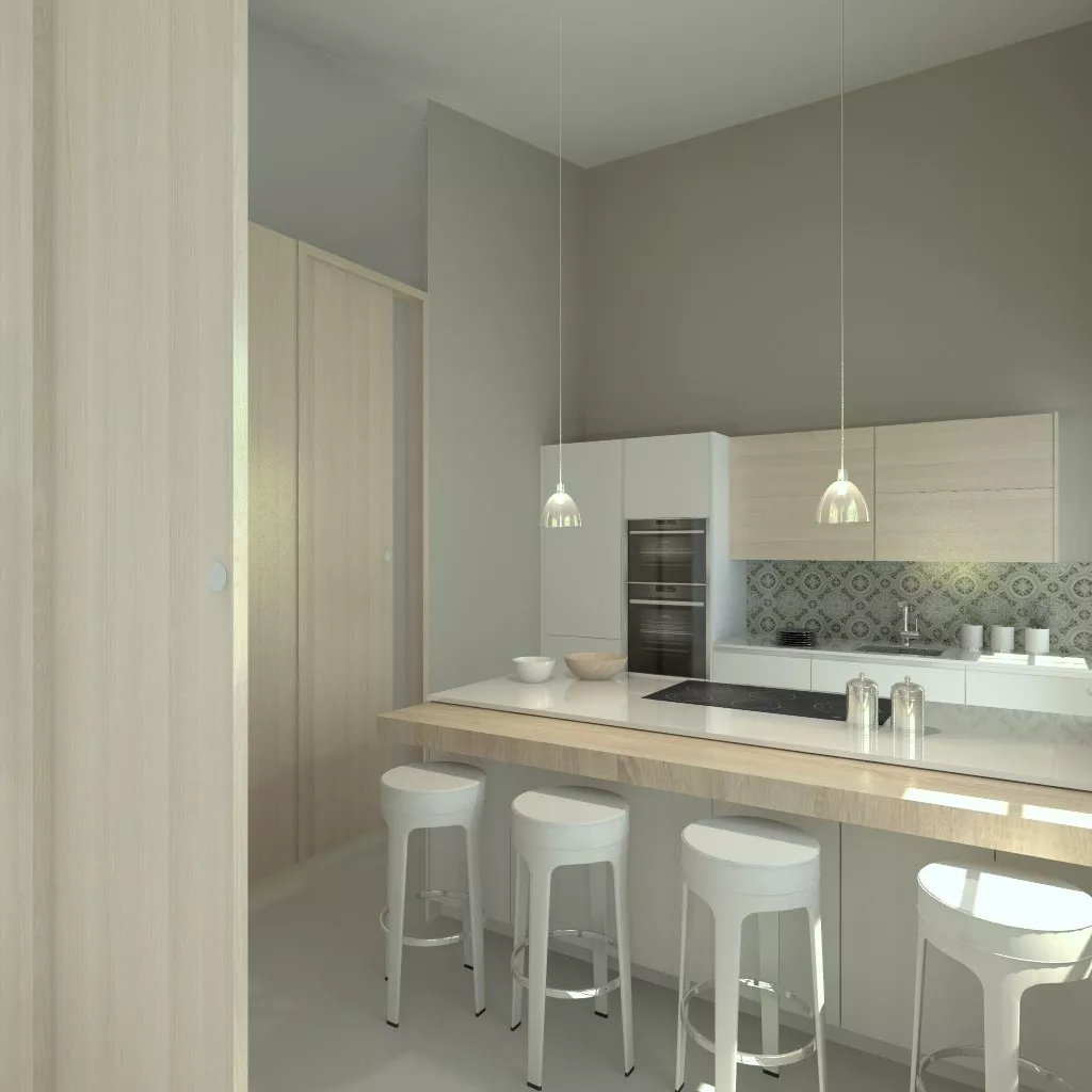 Aravaca | Cocina Santos | Modelo Line L Laminado Seda | Encimera Silestone Blanco