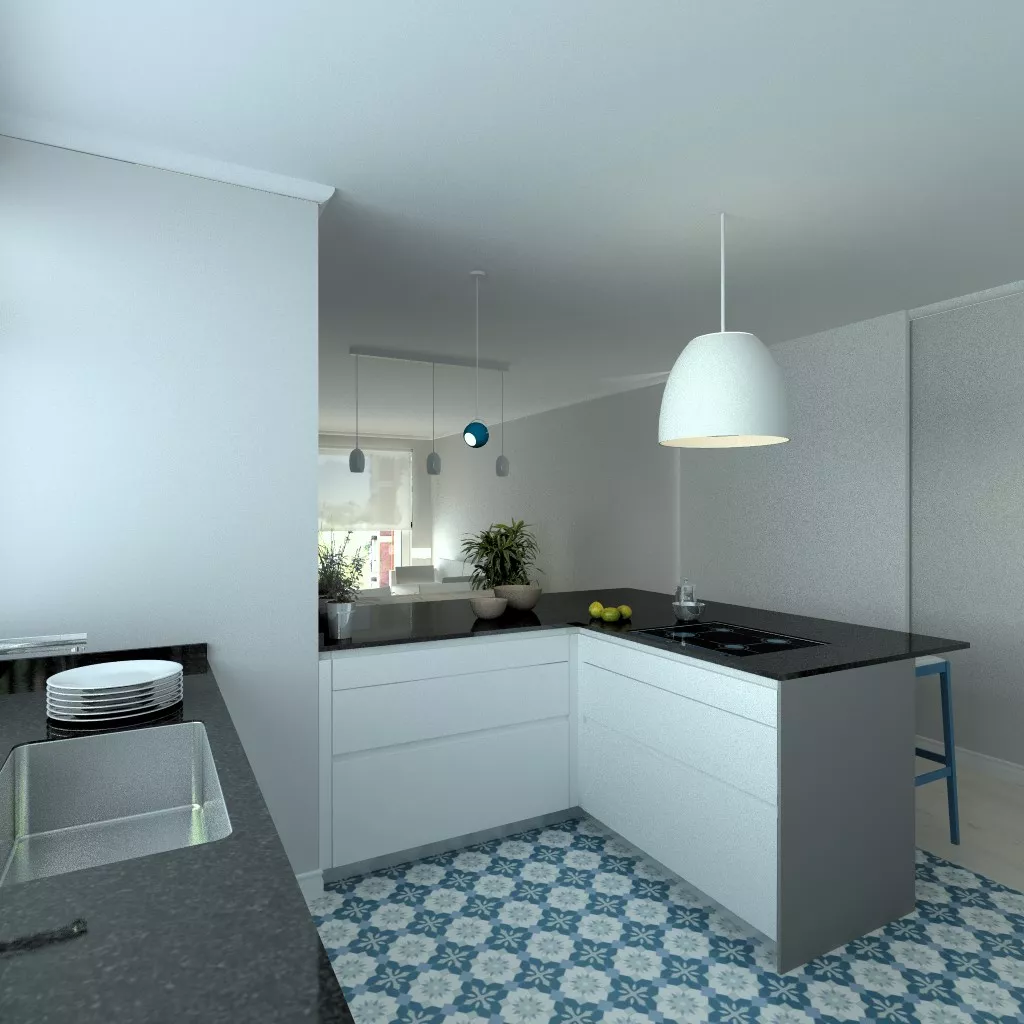 Aravaca | Cocina Santos | Modelo Line E 13 Blanco Sapporo Y Gris Vision | Encimera Granito Sahara Nights