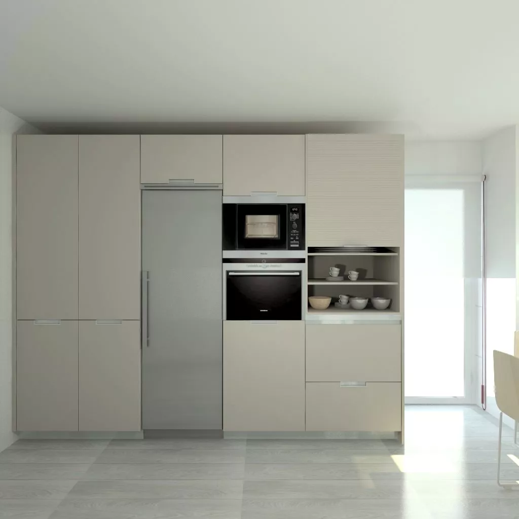 Cocina Santos | Modelo Minos Line-L Laminado Color Gris Arena y Gris C en Bajos y Muebles Altos Modelo Line-L Color Blanco Perla | Encimera Neolith Color Estatuario