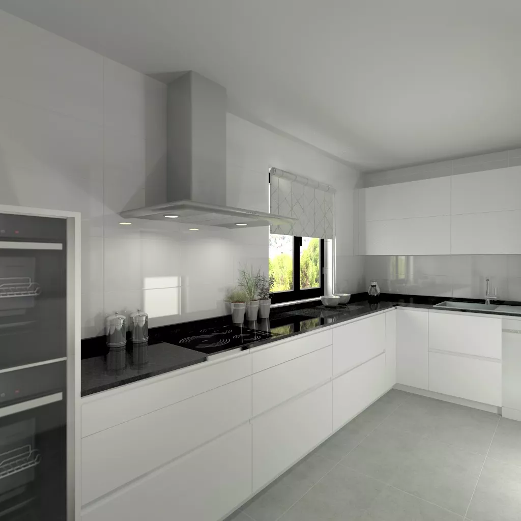 Aravaca | Cocina Santos | Modelo Line L Blanco Seda | Encimera Granito Negro