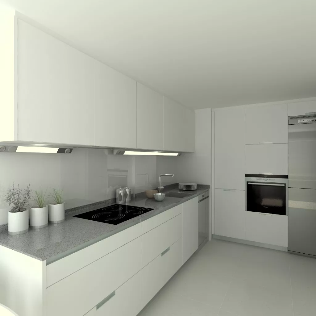 Aravaca | Cocina Santos | Modelo Minos Estratificado Blanco Perla | Encimera Compac Gris Plomo