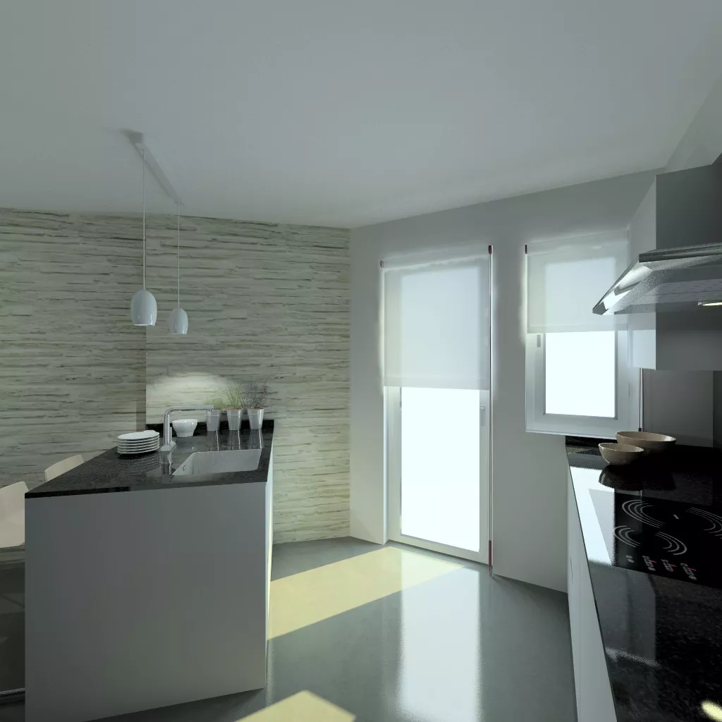 Aravaca | Cocinas Santos | Modelo Minos Line Gris Piedra | Encimera Granito Negro