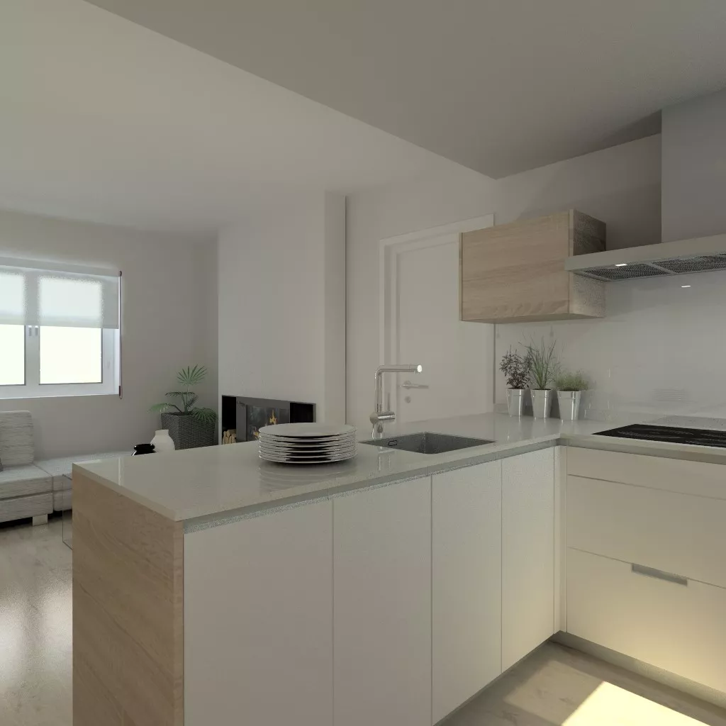 Aravaca | Cocina Santos | Modelo Line Estratificado Blanco y Roble | Encimera Compac Glaciar