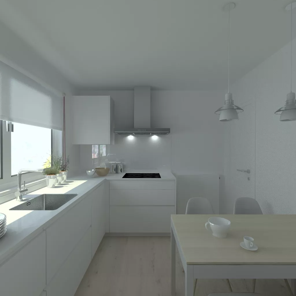 Cocina en laminado seda blanco modelo Santos Line con encimera blanca Silestone