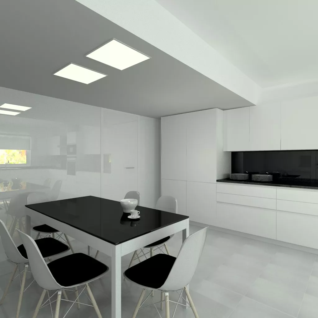 Aravaca | Cocina Santos | Modelo Line Laminado Seda Blanco | Encimera Granito Negro