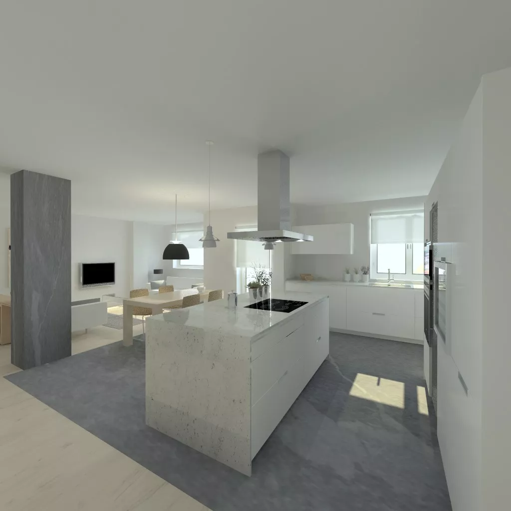 Aravaca | Cocina Santos | Modelo Minos Line Estratificado Gris Nube | Encimera Granito Warwick