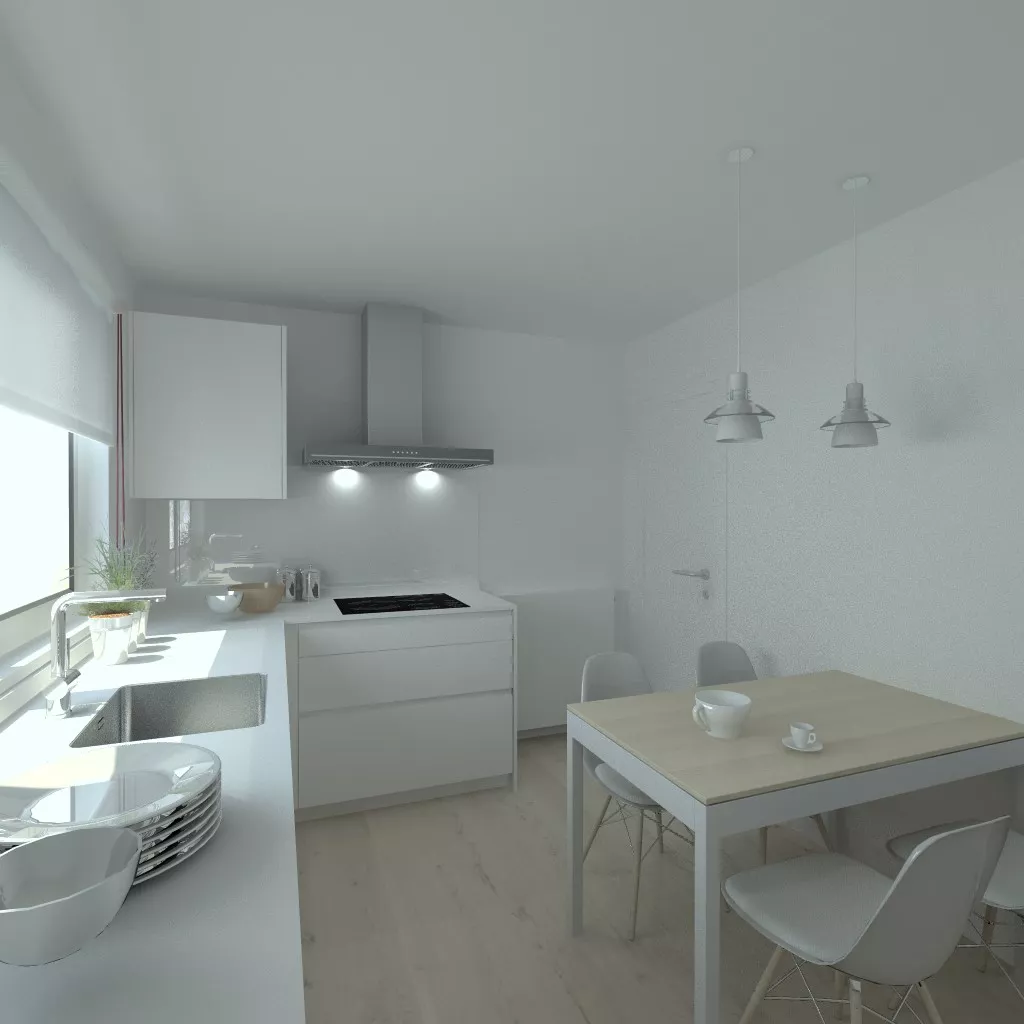 Cocina en laminado seda blanco modelo Santos Line con encimera blanca Silestone