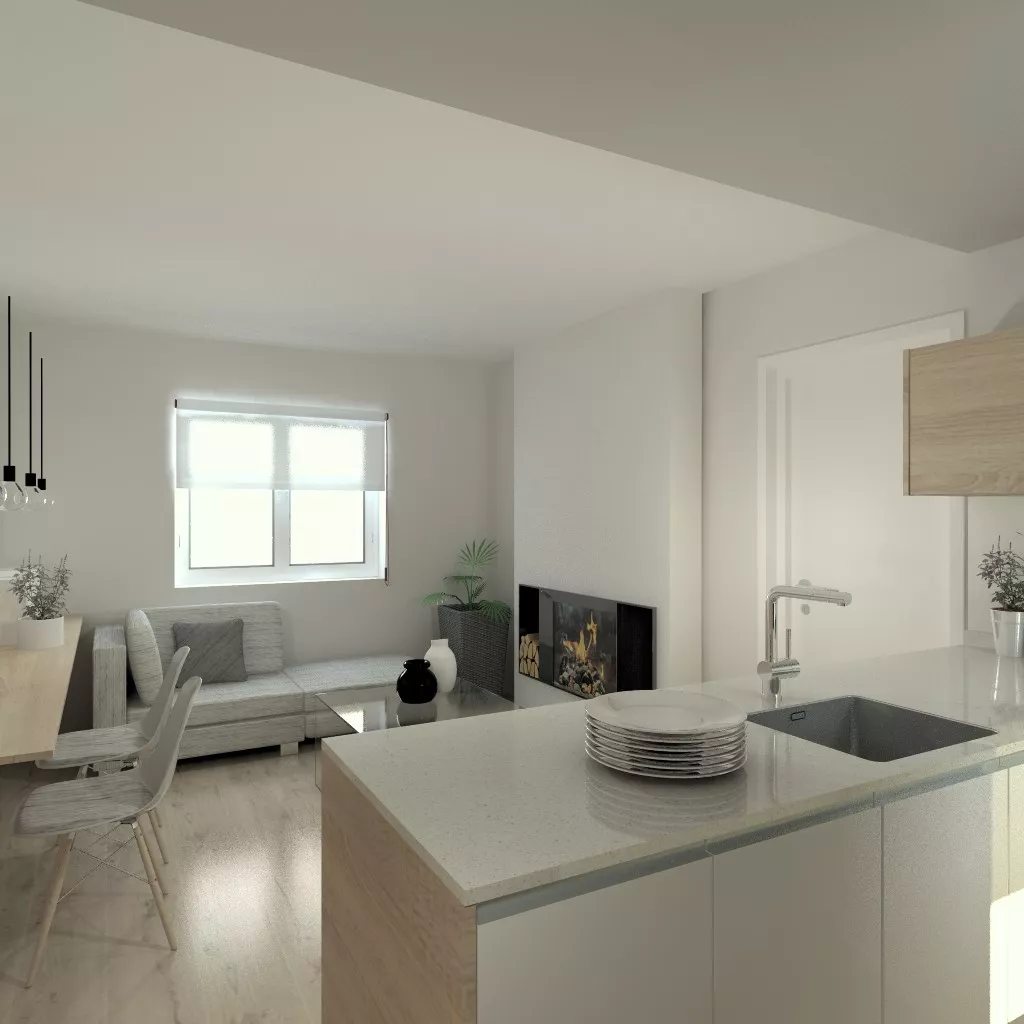 Aravaca | Cocina Santos | Modelo Line Estratificado Blanco y Roble | Encimera Compac Glaciar