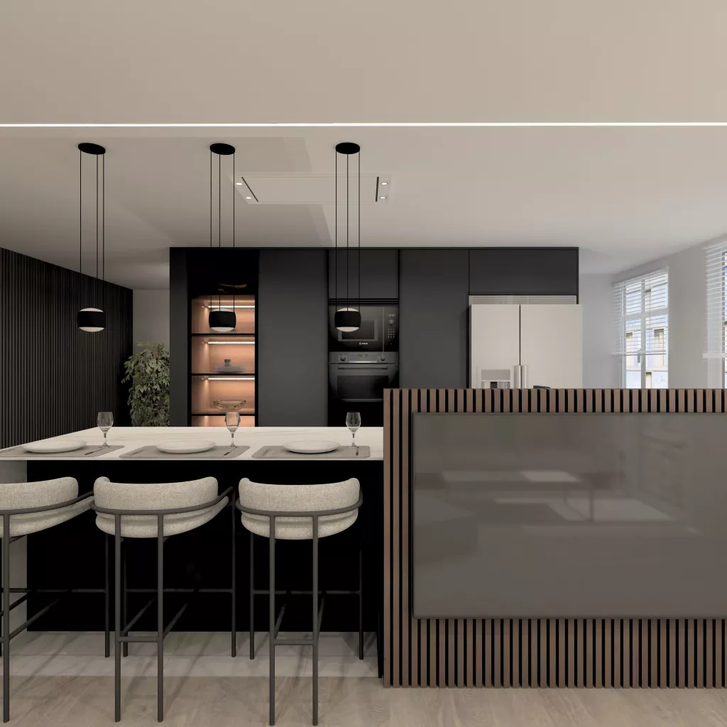 Cocina contemporánea en negro y mármol