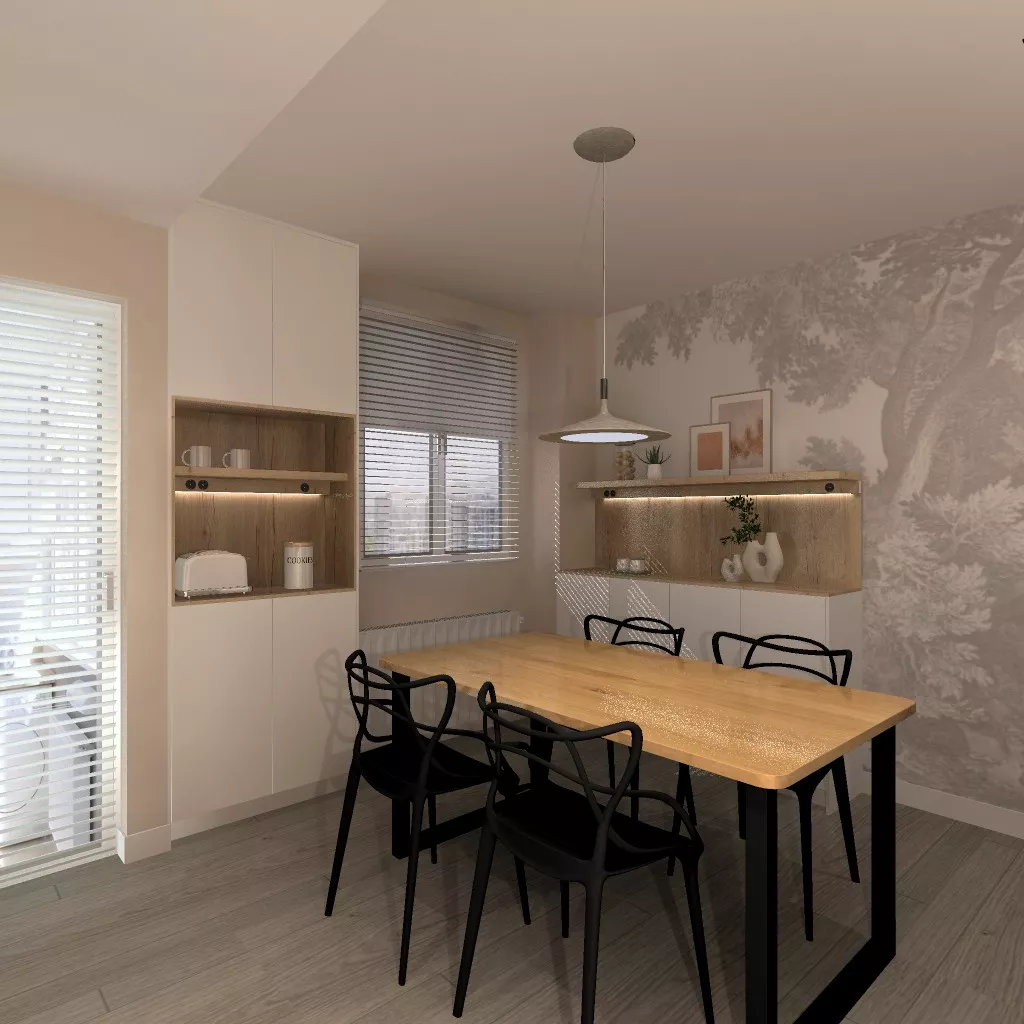 Cocina moderna con tonos suaves y madera natural: calidez y funcionalidad en equilibrio