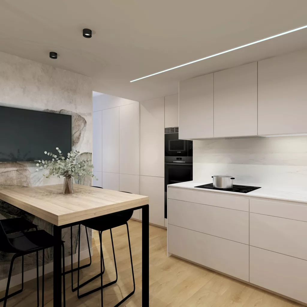 Una cocina contemporánea de líneas puras y atmósfera serena