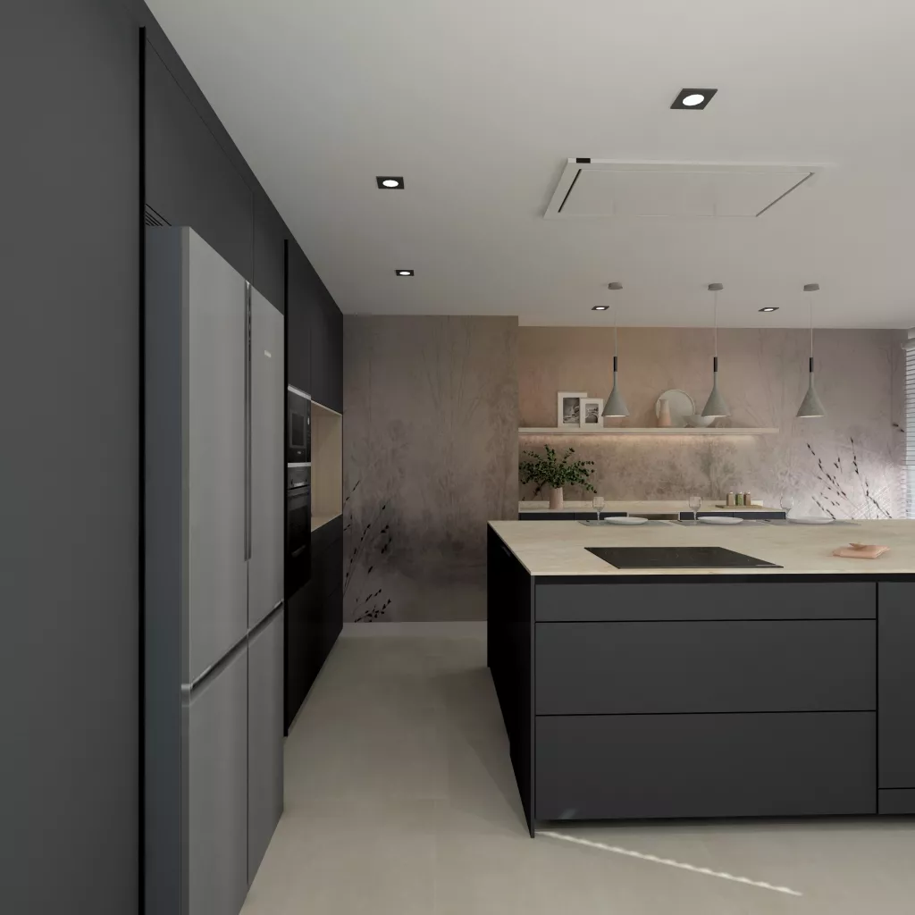 Cocina contemporánea con isla central y acabados oscuros