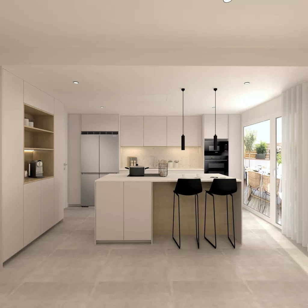 Cocina abierta con isla, pensada para conectar luz, orden y convivencia