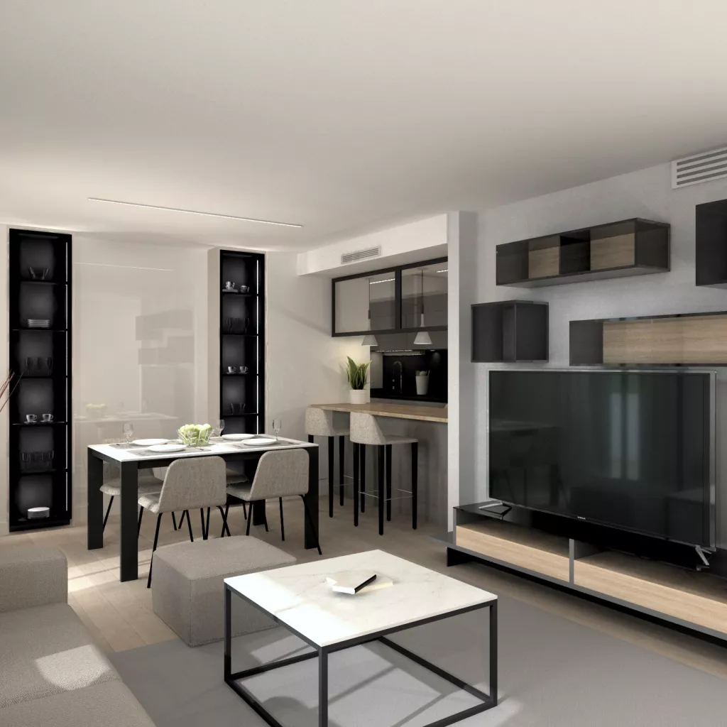 Decoración Salón Moderno en tonos Beiges, Grises y Madera