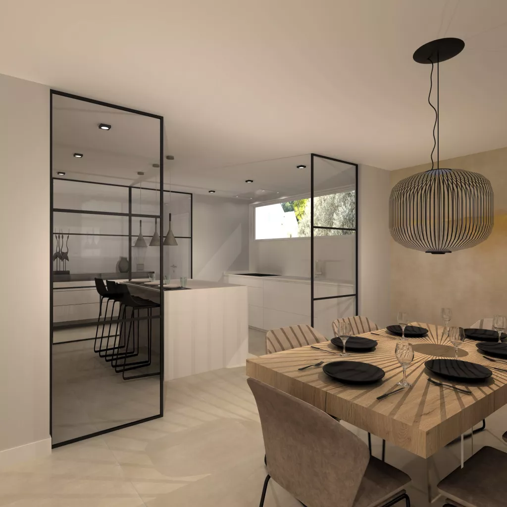 Cocina Santos Blanca y Roble con Isla y Encimera Corian