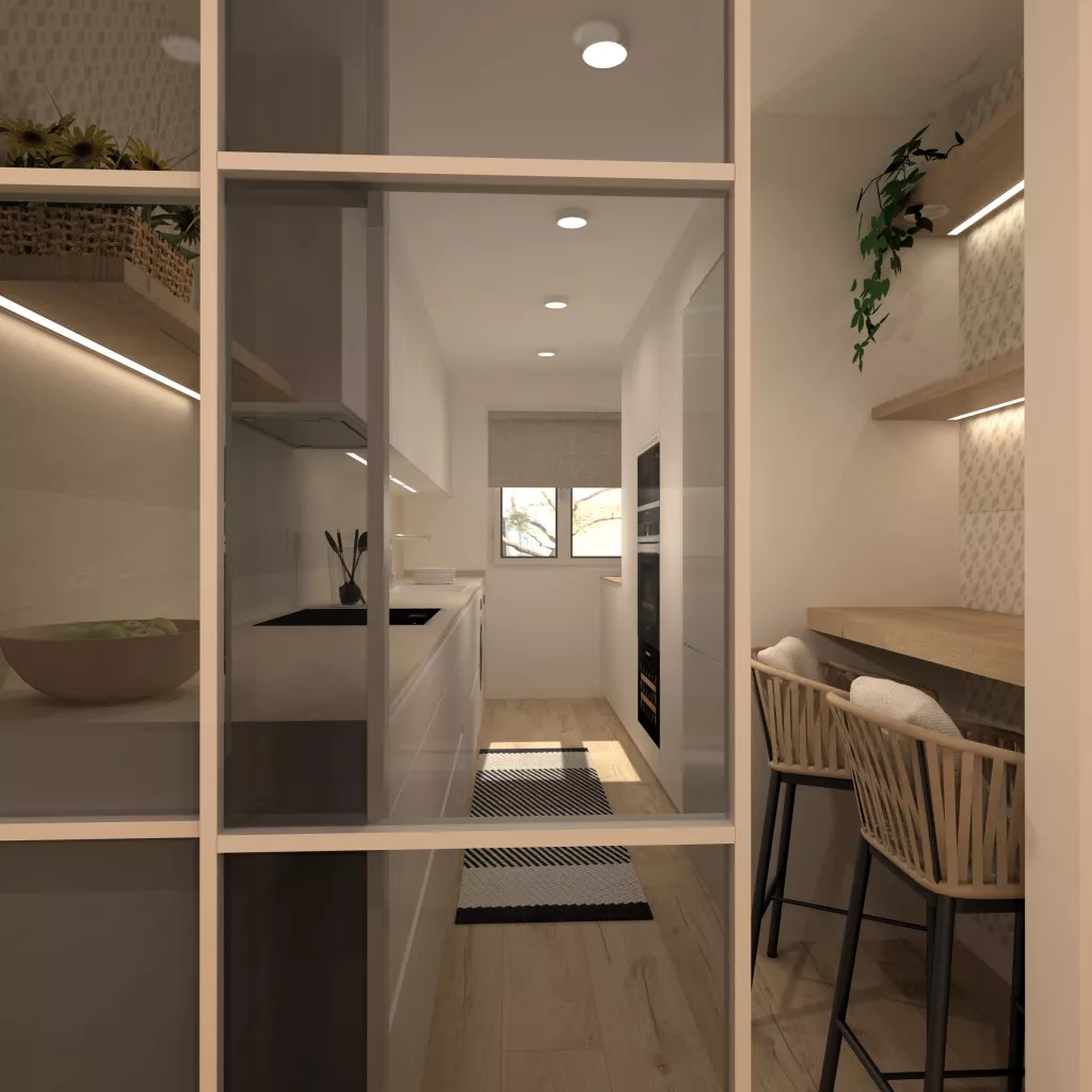 Cocina Santos Blanca en paralelo con una Barra de Madera