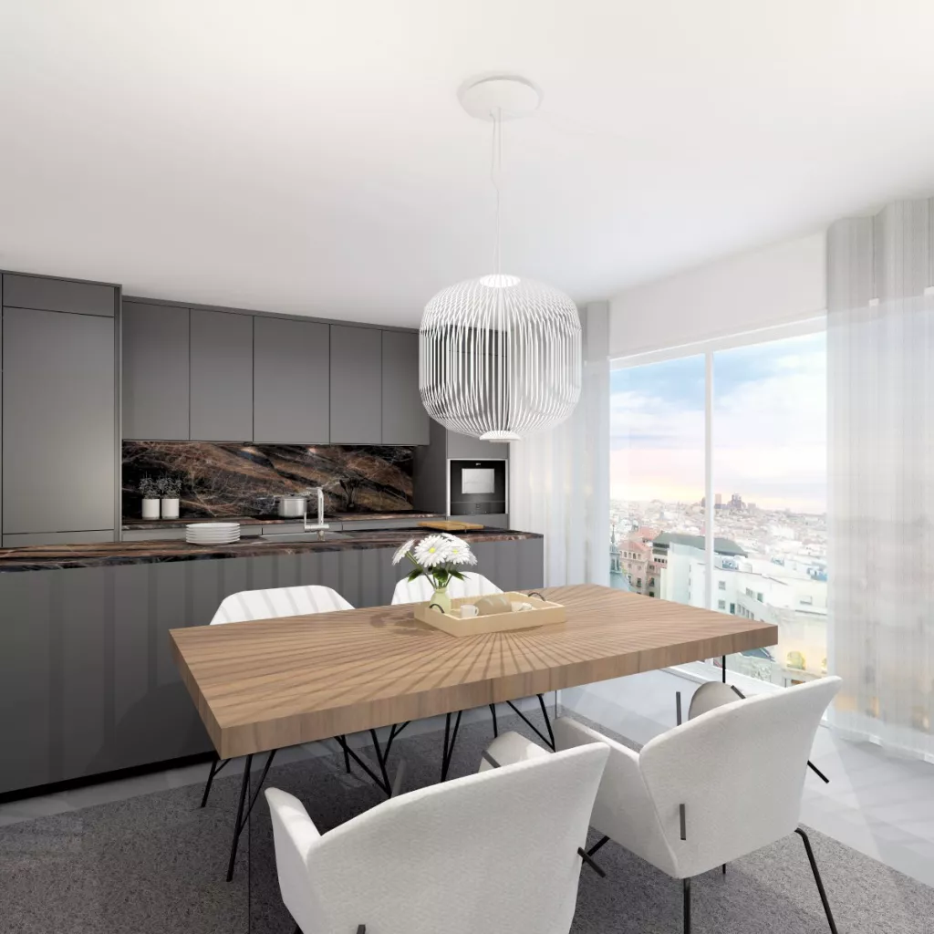 Cocina Santos Plataforma D en Gris Antracita Seda, antihuella con isla central y office integrado