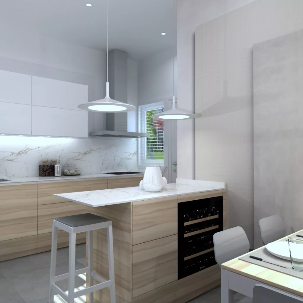 Cocina en paralelo en blanco y madera