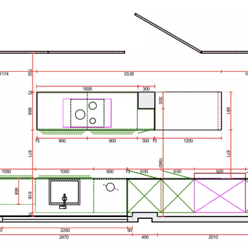 Plano Cocina Santos negra con isla abierta al salón