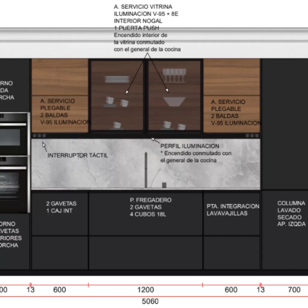 Plano Cocina Santos negra con isla
