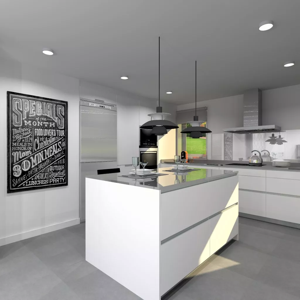 Aravaca | Cocina Santos | Modelo Line y  Minos Estratificado Blanco Seff | Encimera Silestone Marengo