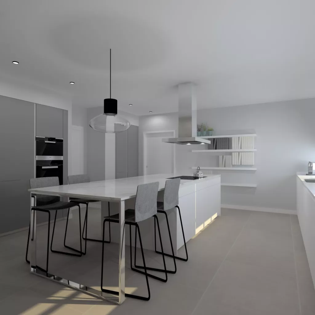 Cocina Santos Plataforma E en Blanco Innsbruck y Gris Visón Seda con isla central