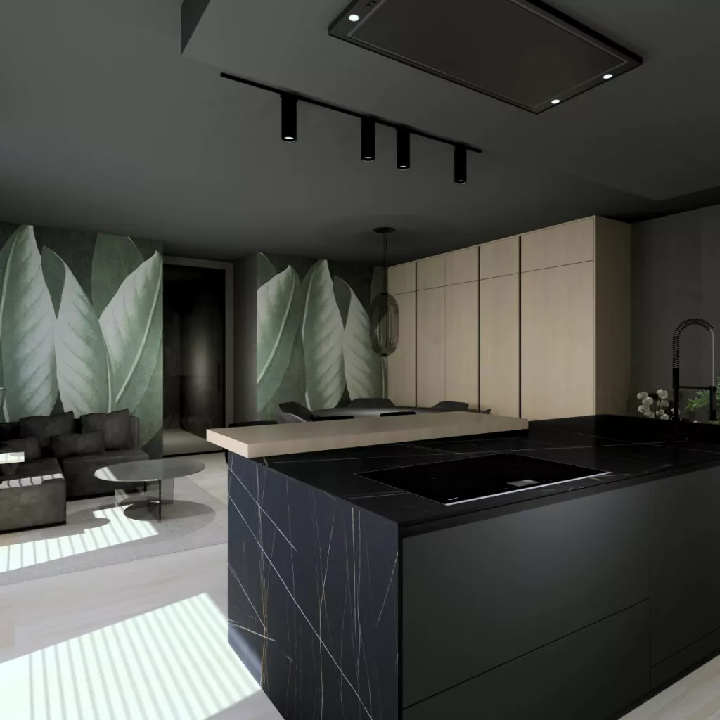 Cocina en negro con un toque tropical