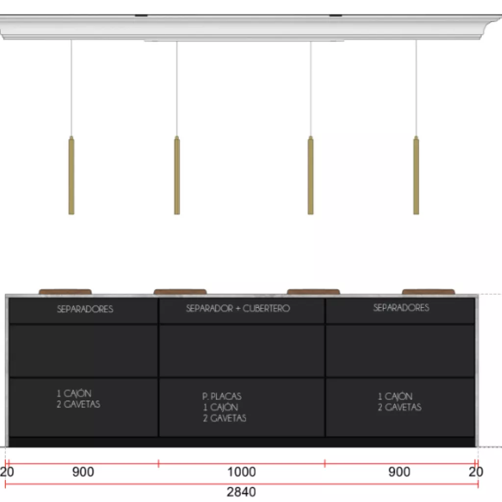 Plano Cocina Santos negra con isla