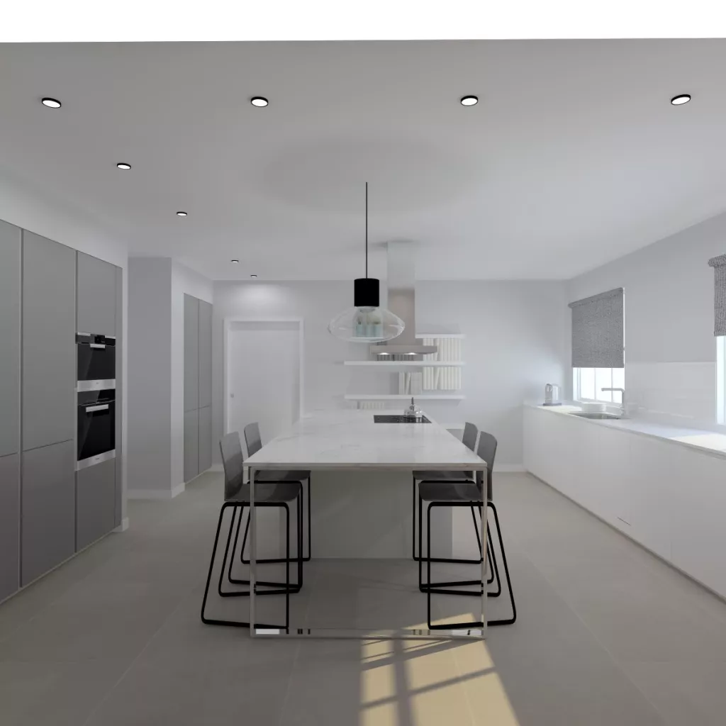 Cocina Santos Plataforma E en Blanco Innsbruck y Gris Visón Seda con isla central