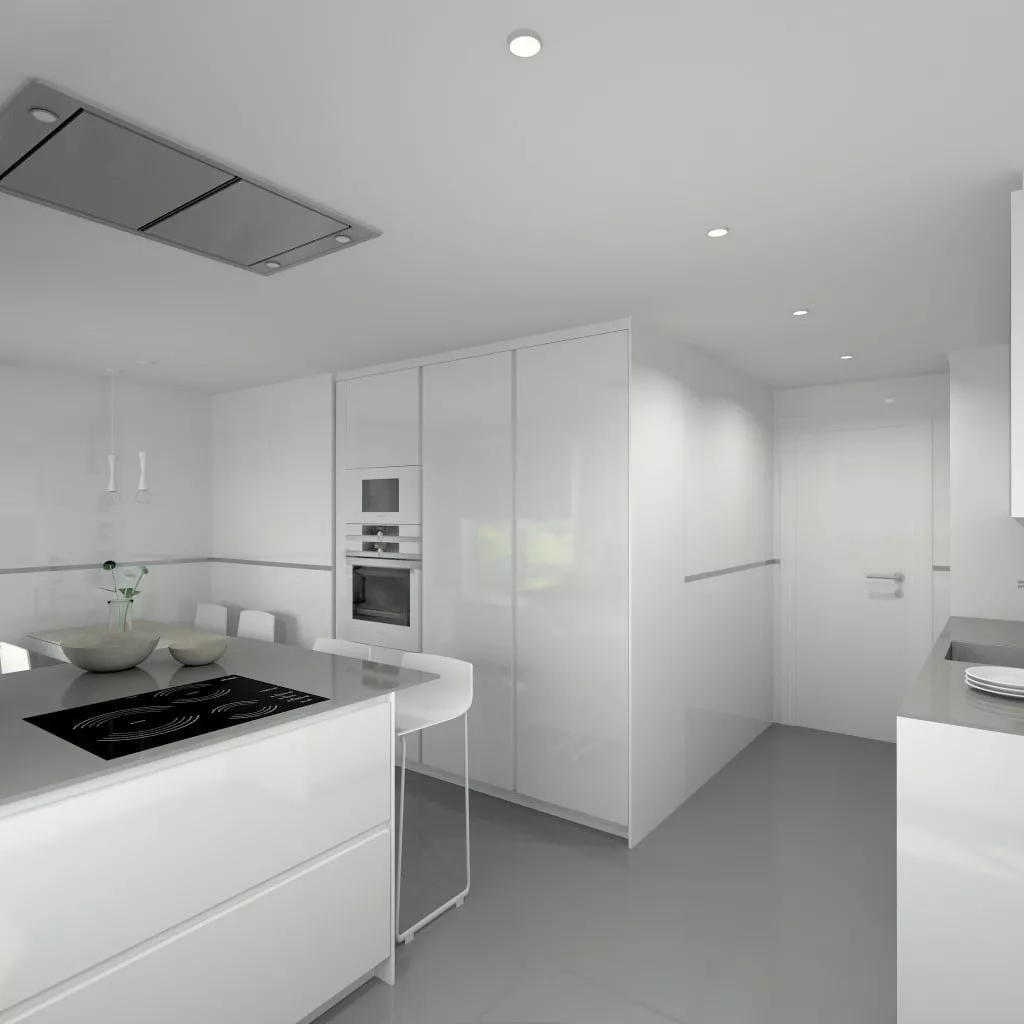 Cocina Santos Aravaca | Modelo Line E13 Estratificado Brillo Blanco Ártico | Encimera Silestone Cemento SPA