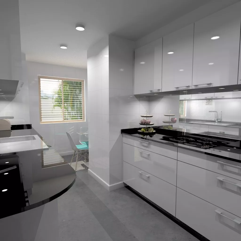 Aravaca | Cocina Santos | Modelo Plano Laminado Blanco Brillo | Encimera Granito Sahara Nights