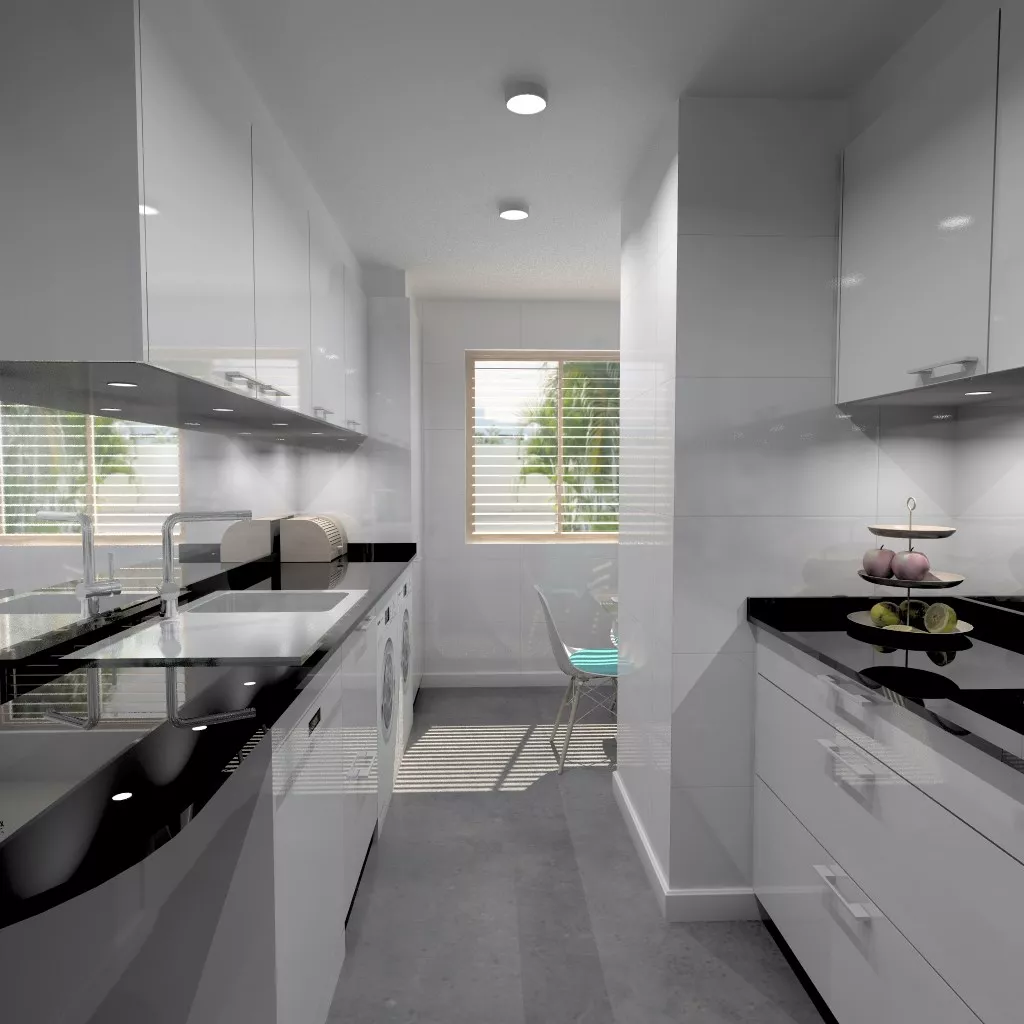 Aravaca | Cocina Santos | Modelo Plano Laminado Blanco Brillo | Encimera Granito Sahara Nights