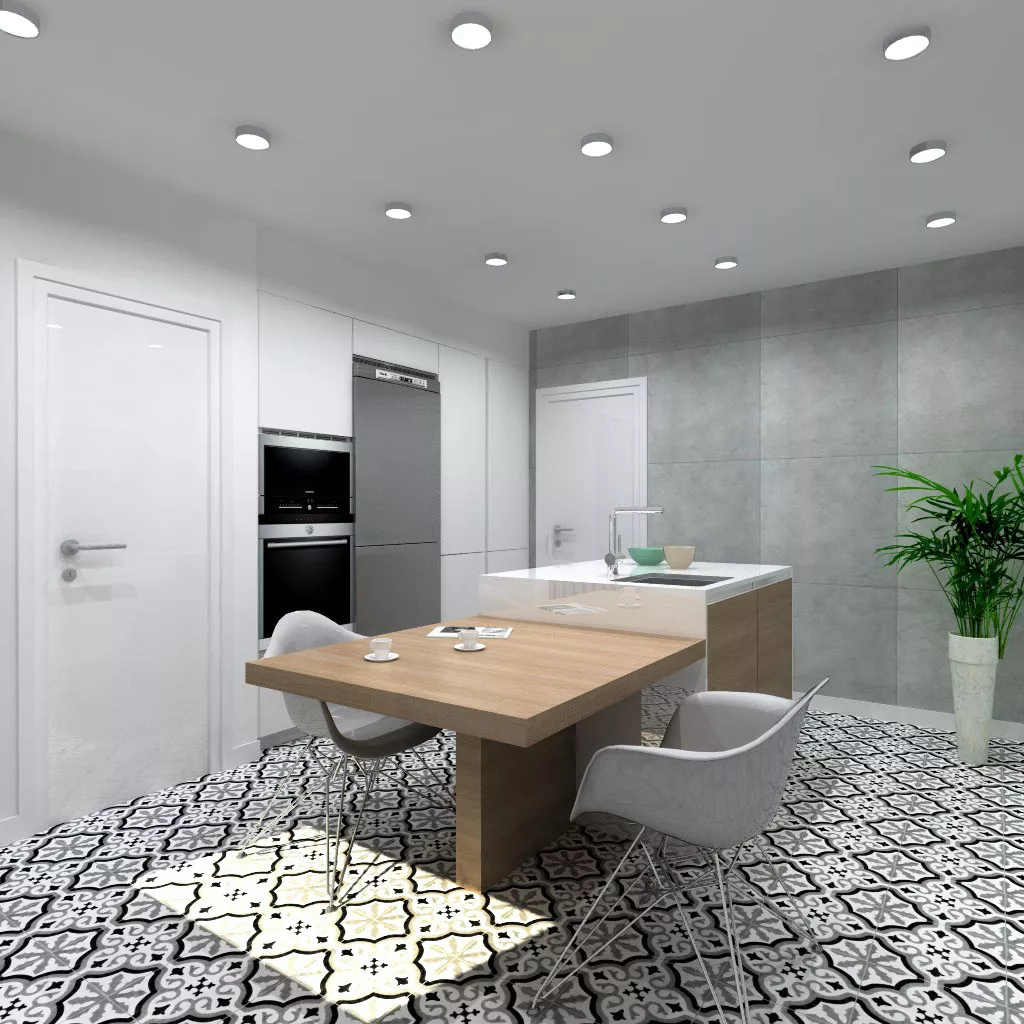 Aravaca | Cocina Santos | Modelo Line Estratificado Blanco y Roble | Encimera Silestone Blanco