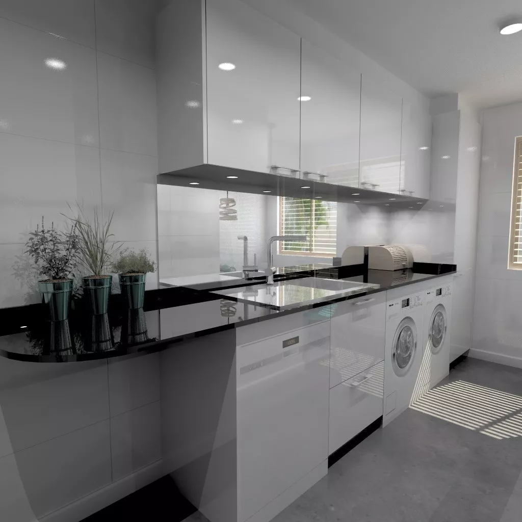 Aravaca | Cocina Santos | Modelo Plano Laminado Blanco Brillo | Encimera Granito Sahara Nights