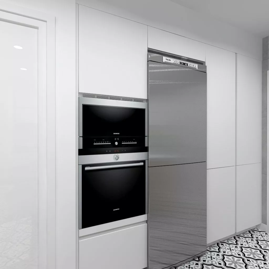 Aravaca | Cocina Santos | Modelo Line Estratificado Blanco y Roble | Encimera Silestone Blanco