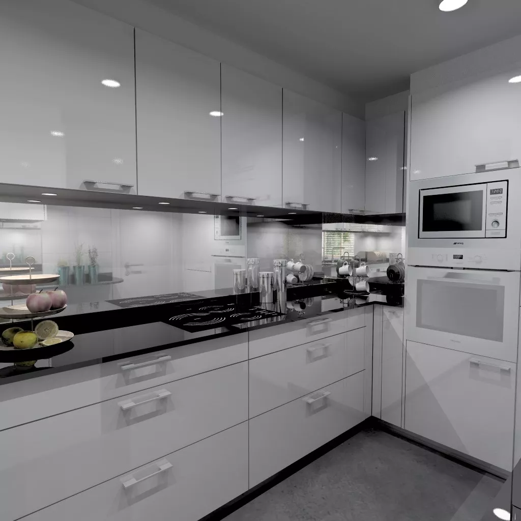 Aravaca | Cocina Santos | Modelo Plano Laminado Blanco Brillo | Encimera Granito Sahara Nights