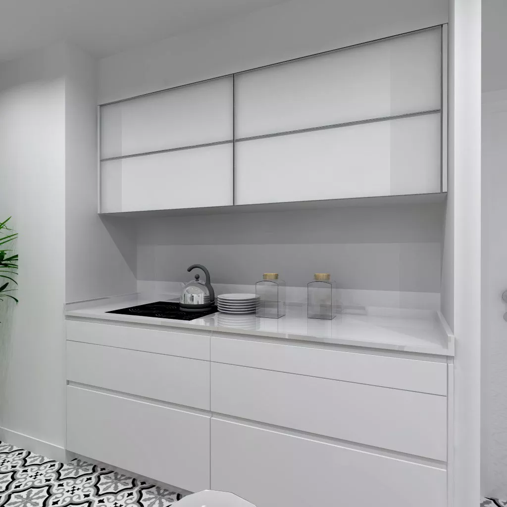 Aravaca | Cocina Santos | Modelo Line Estratificado Blanco y Roble | Encimera Silestone Blanco