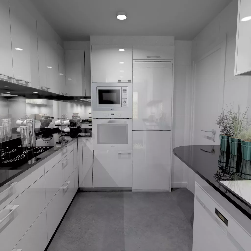 Aravaca | Cocina Santos | Modelo Plano Laminado Blanco Brillo | Encimera Granito Sahara Nights