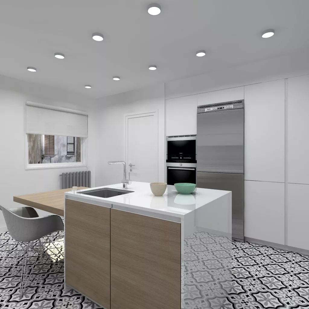 Aravaca | Cocina Santos | Modelo Line Estratificado Blanco y Roble | Encimera Silestone Blanco